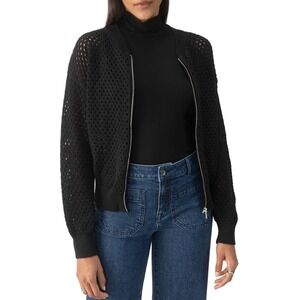 Sanctuary Black Open Knit Bomber Jacket‎ XL Drop Shoulder Zip Closure